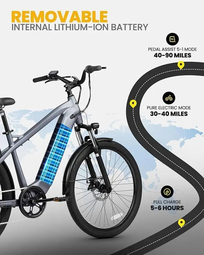 Bike for Adults 27.5” Ebike 24Mph Power by 1000W Peak Motor 80 Miles Max Range by 48V Built-in Removable Battery,