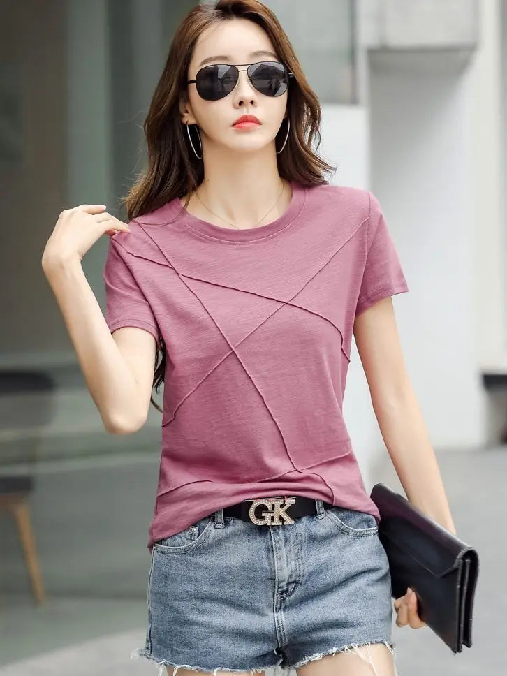 AOSSVIAO Summer Slim Cotton Bamboo T-Shirts Women 2024 O-Neck Short Sleeve Ribbed Tshirts Female Casual Solid Color Tops