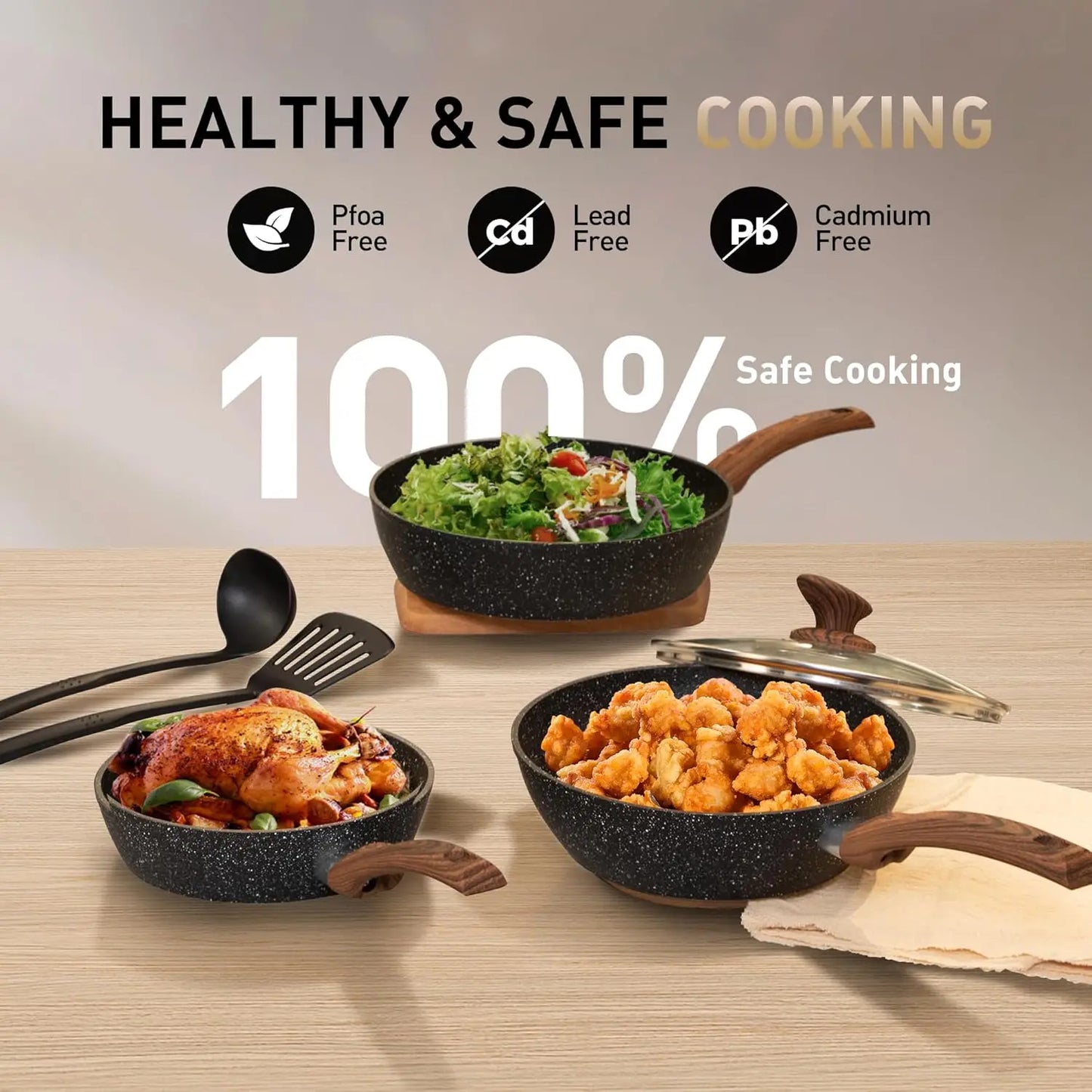 son Arts Pots And Pans Set Non Stick, 12 Piece Kitchen Cookware Sets, Black Granite Induction Compatible Cookware Set, Pot