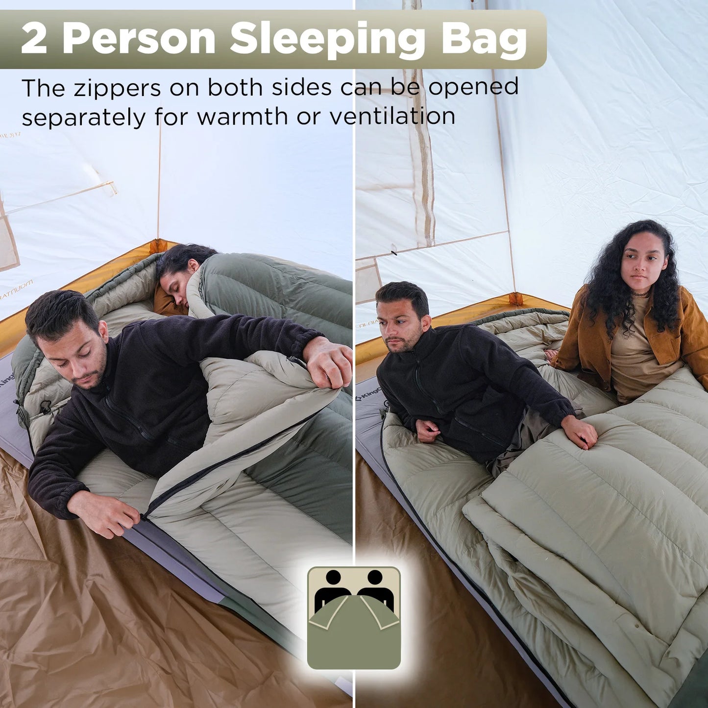 ATEPA Double down sleeping bag, backpack couple family camping, high quality white duck down 90%, warm and widened