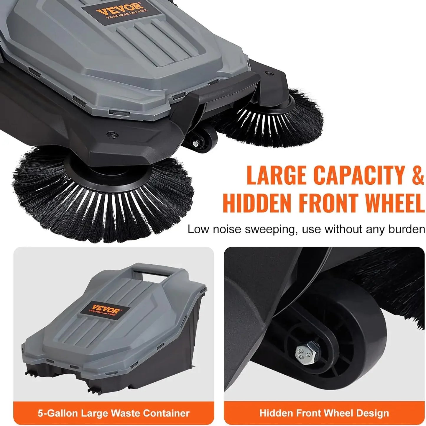 25.6" Sweeping Width Floor Sweeper Manual Non-Electric 5-Gallon Waste Container, Angle & Height Adjustable Folding Handle