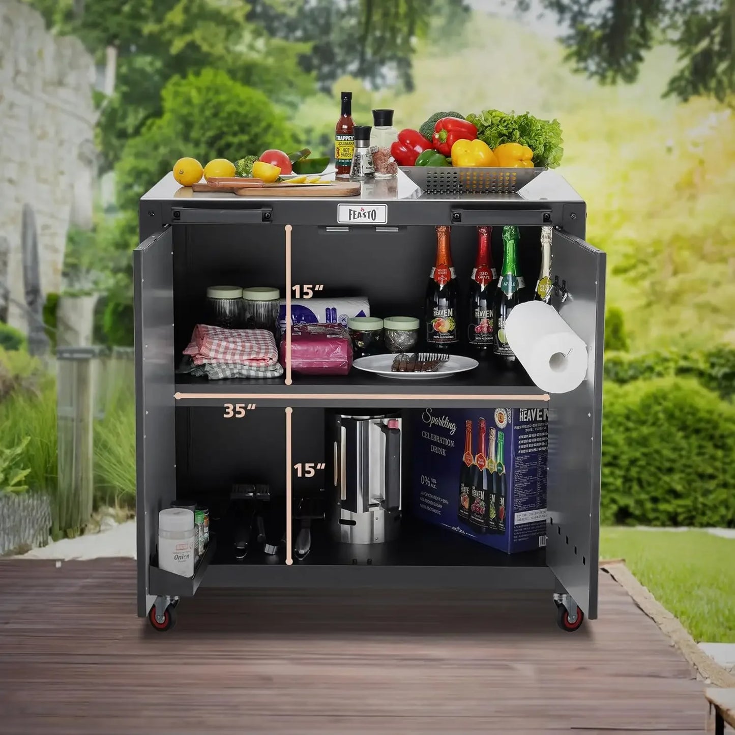 Cart Grill Cart with Storage Cabinet,Modular Outdoor Kitchen Island, Outdoor Grill Station with 304 Stainless Steel Top,Pizza Ov