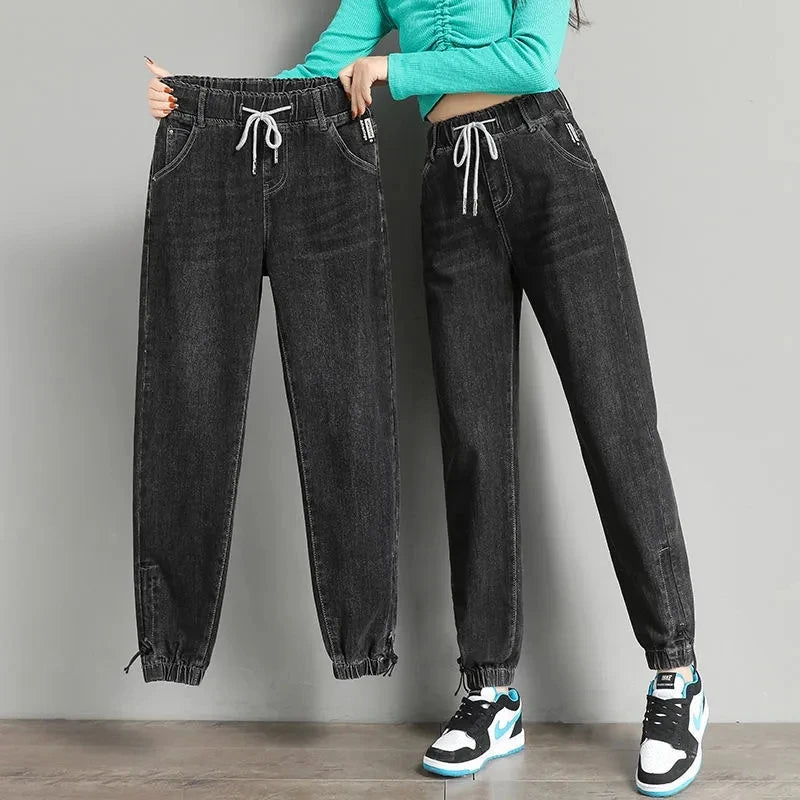 High Waist Denim Harlan Pants Women's Spring Autumn New Loose Elastic waist Jeans Female Loose Student Casual Ankle leng Pants