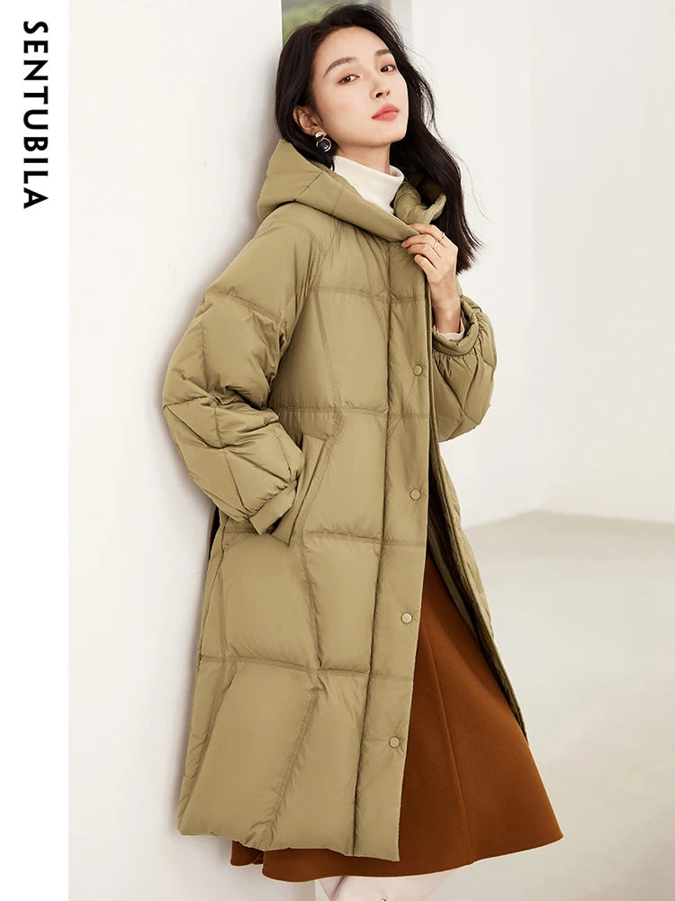SENTUBILA Women's Winter Puffer Down Jacket Women 2024 Hooded Lantern Sleeve Windproof Mid-Length Down Coats Ladies W44Y58448X