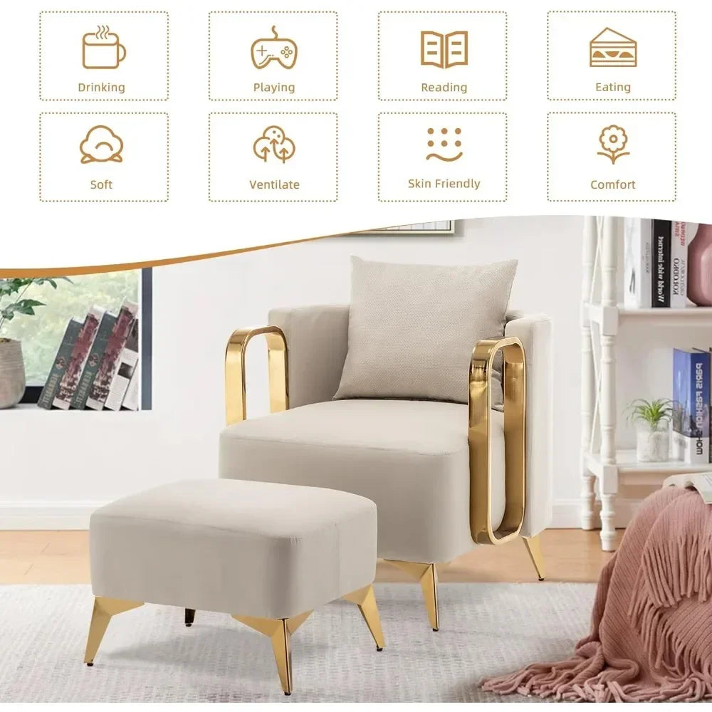Chair with Ottoman,Faux Leather Upholstered  Reading Single Sofa chair Bedroom Living Room Office,Armchair with Metal Legs,Beige