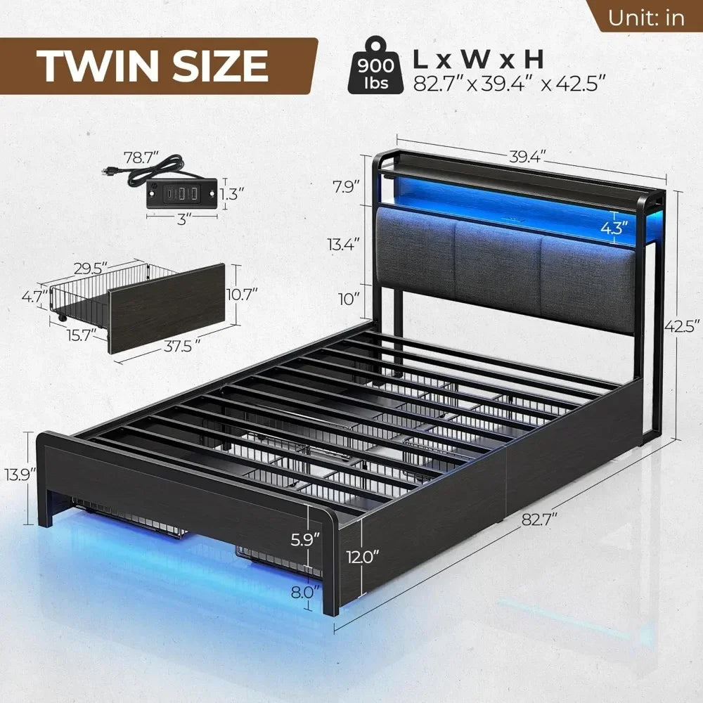 Bed Frame Twin Size with Bookcase Storage Headboard, Slide Out Bedside Storage, Bed with Charging Station & LED Lights