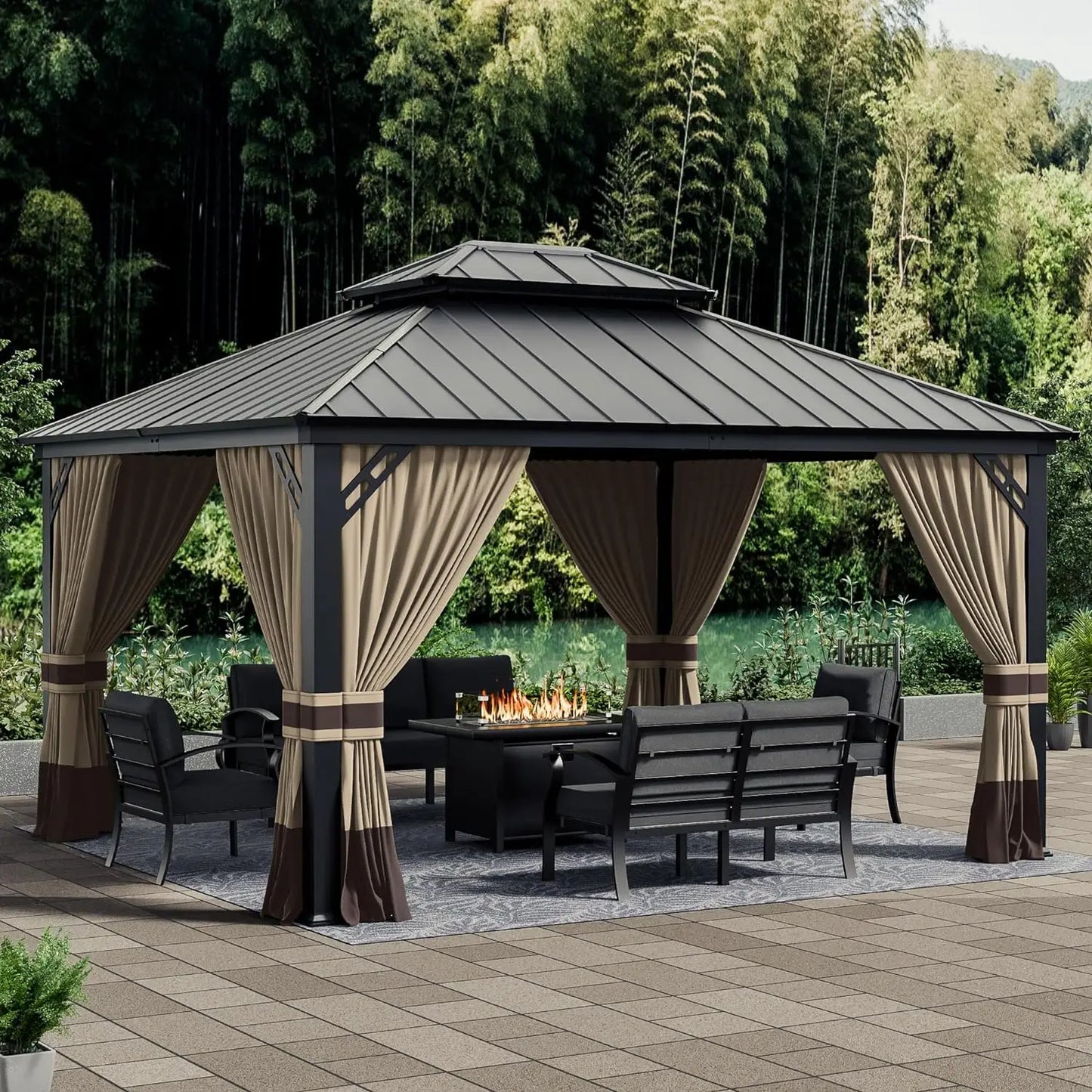 12x20ft Hardtop Gazebo Double Roof, Outdoor Pavilion with 2-Layer Hard top Galvanized Iron Frame Garden Tent