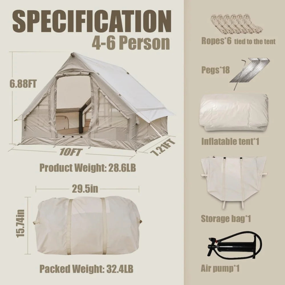Inflatable tent with pumps, easy-to-pitch large outdoor tent, cabin tents with double mesh windows and convective double doors