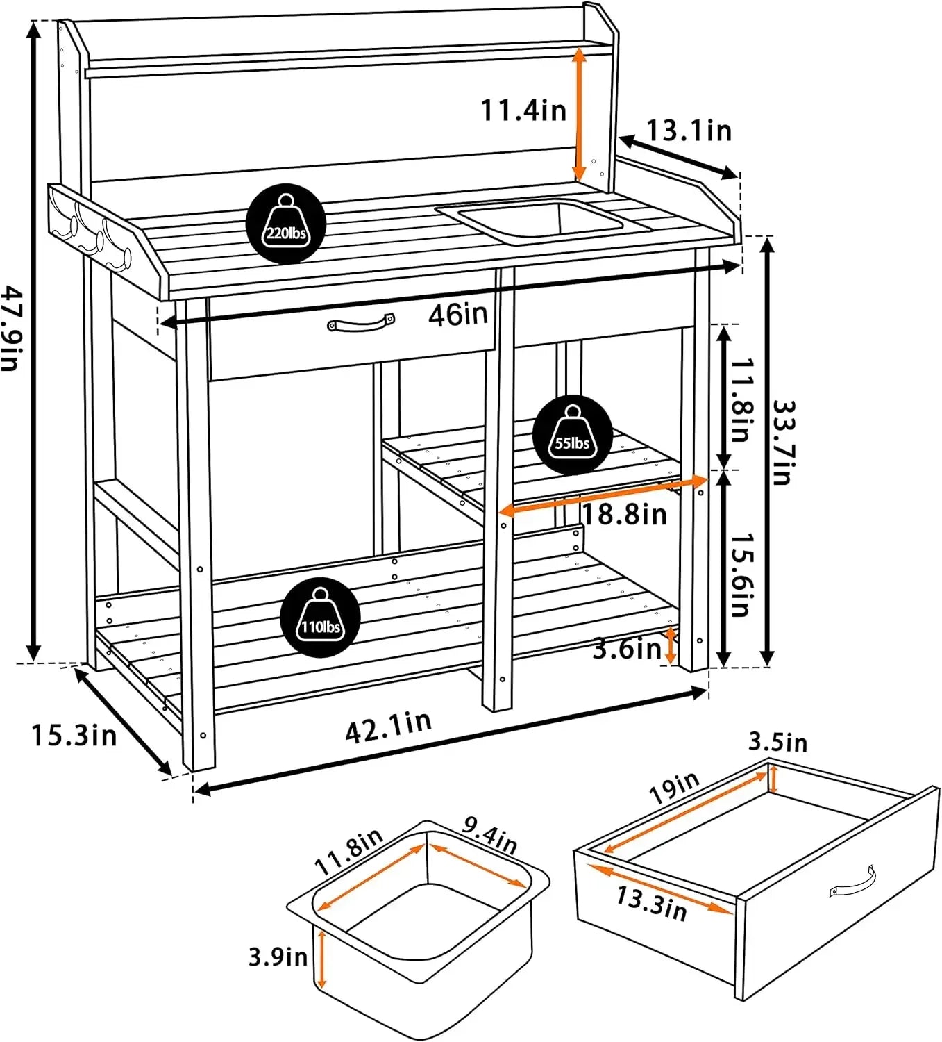 Potting Bench, Potting Table with Removable Stainless Sink, Side Hooks, and Lower Shelves, Outdoor Potting Bench for Garden