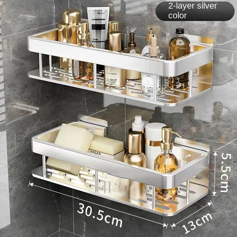 Luxury Bathroom Shelves Without Drilling Rustproof Aluminum Shower Wall Shelf Shampoo Towel Holder Bathroom Organizer Accessorie