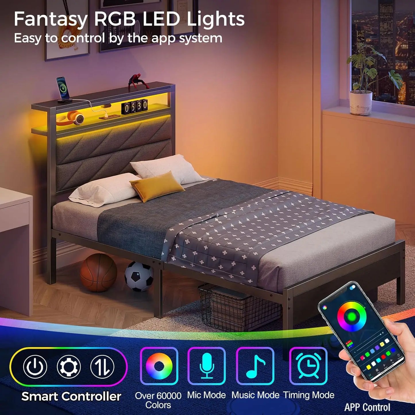 Bed Frame Twin Size with Charging Station, LED Bed with Upholstered Storage Headboard, Metal Platform Bed with Under