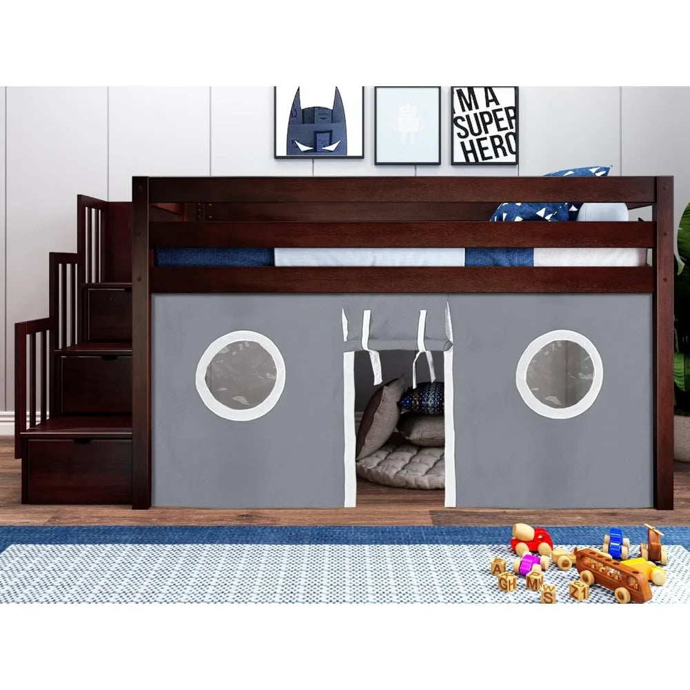 Kids Bed Frame, Contemporary Low Loft Twin Bed with A 3 Drawer Stairway, Cherry with Gray & White Tent, Bed Frame Children