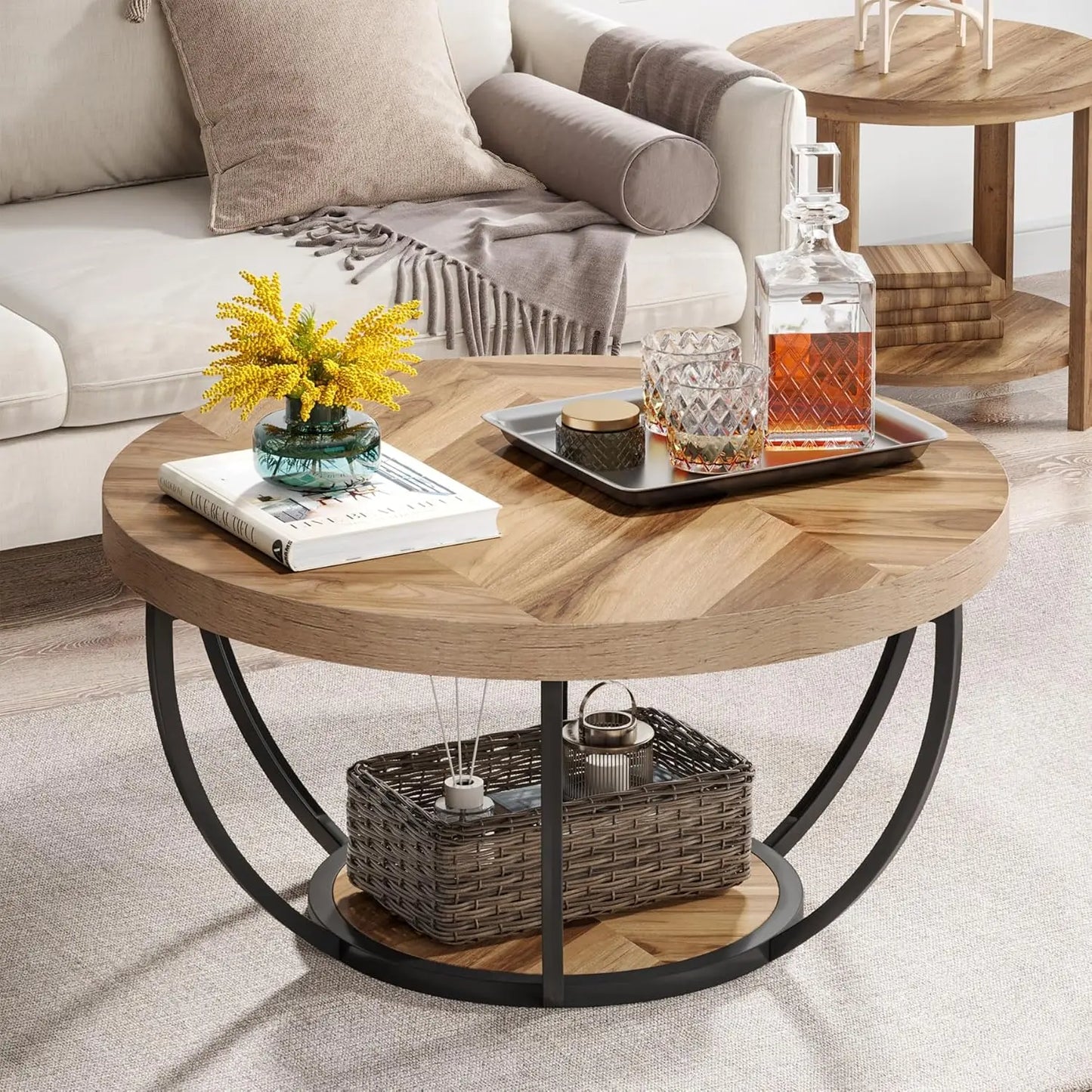 Round Coffee Table, 31.7" Wooden 2-Tier Circle Coffee Table with Storage Shelves, Modern Accent Cocktail Table Center Table