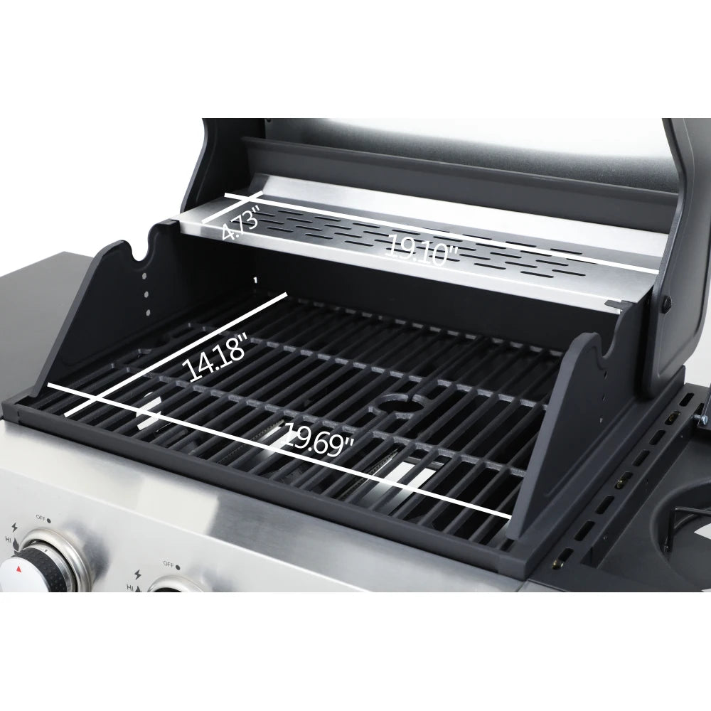 3-Burner Propane Gas BBQ Grill with Side Burner, 37230BTU Output with Enameled Cast Iron Cooking Grids for Outdoor Barbecue BBQ
