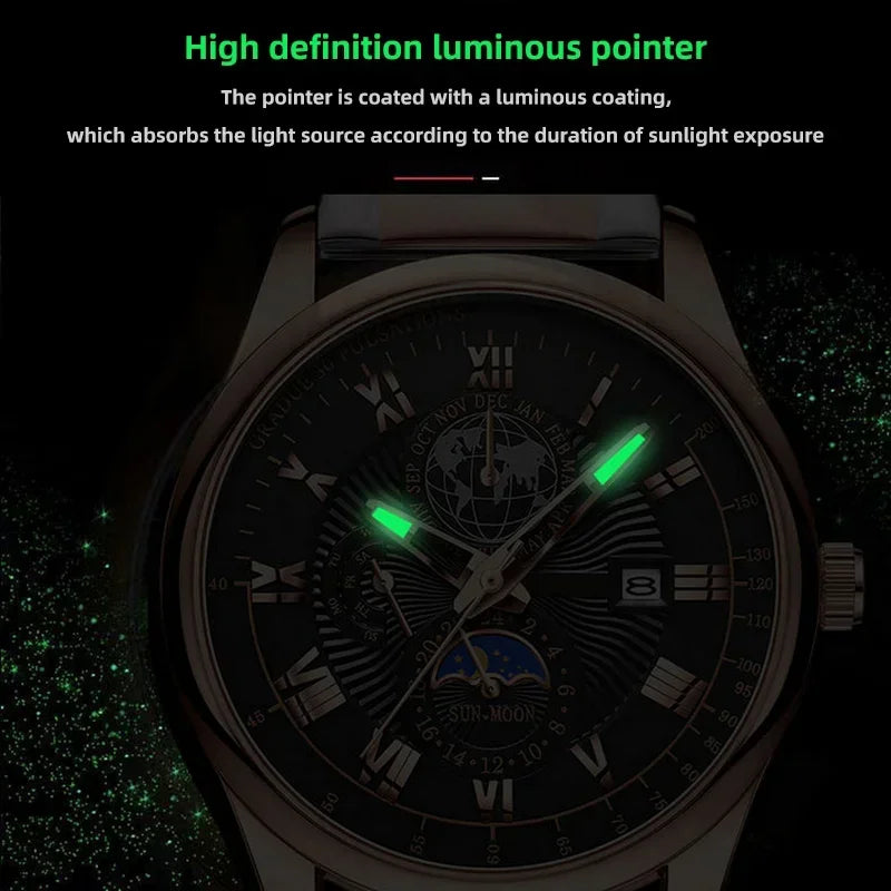 Luxury Man Watch Waterproof Chronograph Moon Phase Pattern Luminous Men's Wristwatch Leather Men Quartz Watches Casual Clock