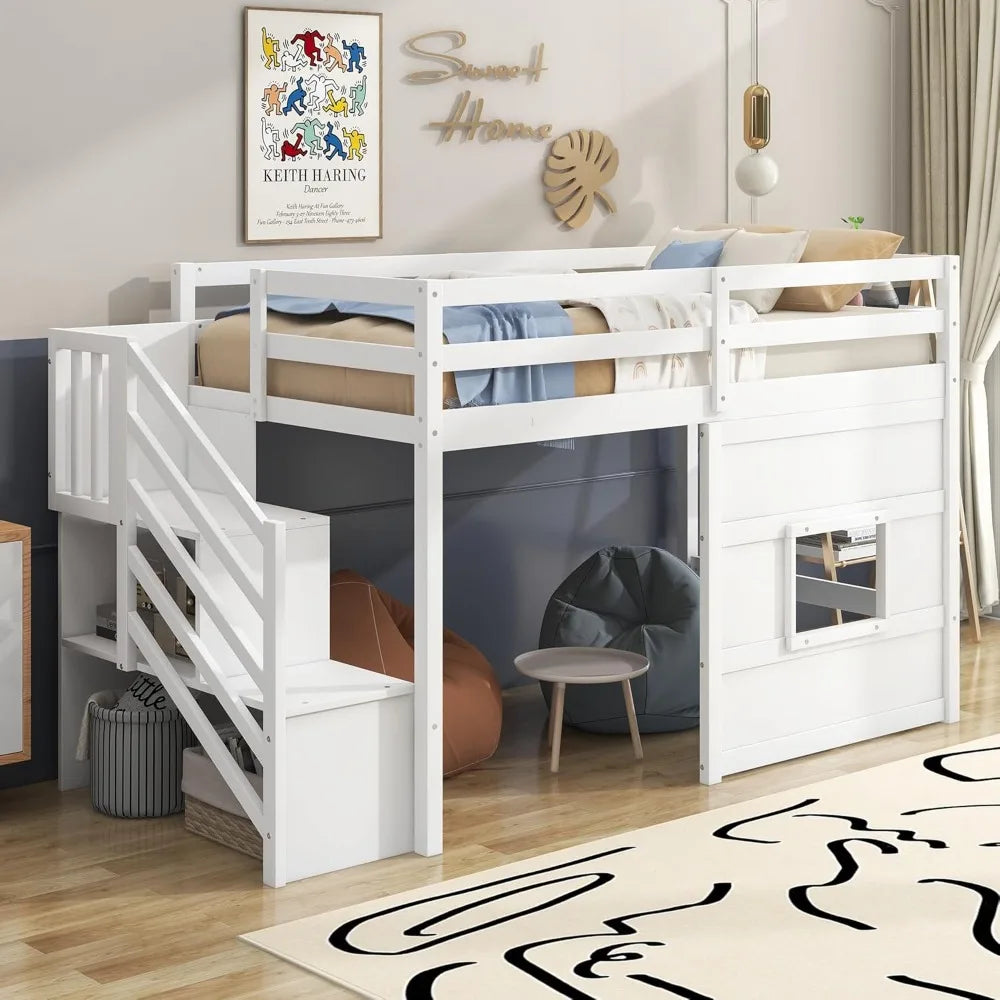 Loft Bed with Stairs Designs Low, 94.8"L x 41.8"W x 50.6"H Twin Bed Frame for with Storage, Low Loft Bed with Storage Staircase