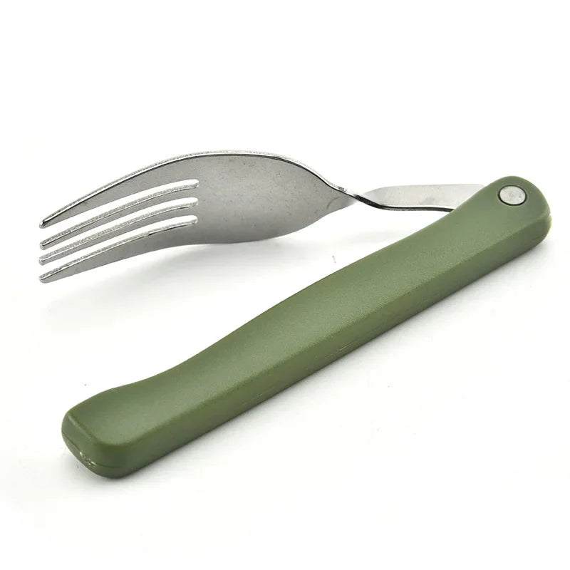 Stainless Steel Portable Folding Cutlery Set Fork Knife With Army Green Pouch Survival Camping Bag Outdoor Cutlery Container