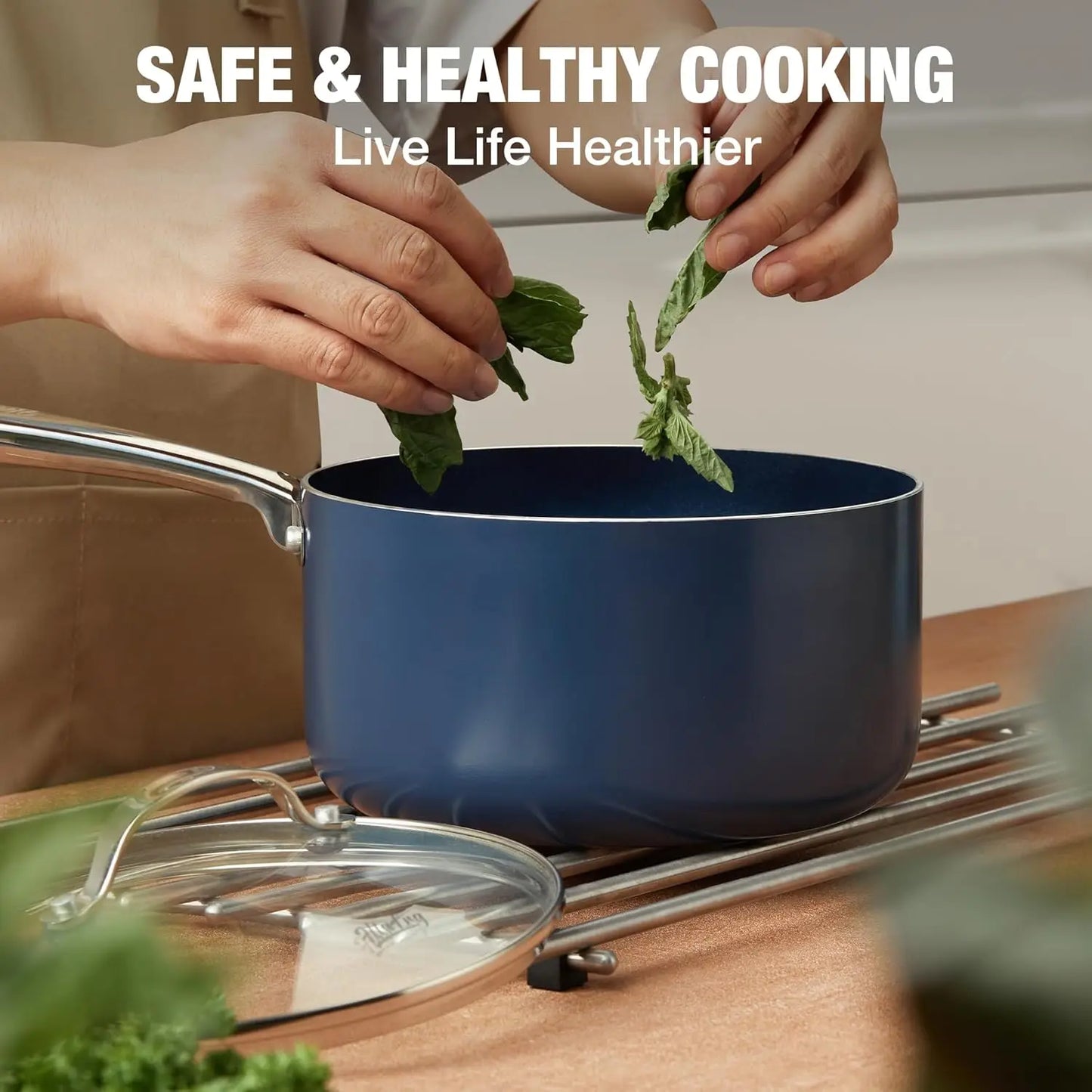 HLAFRG 3QT Nonstick Saucepan with Lid, Toxin-Free Ceramic Coating,Gradient Blue Pan with Stainless Steel Handle, Oven Safe