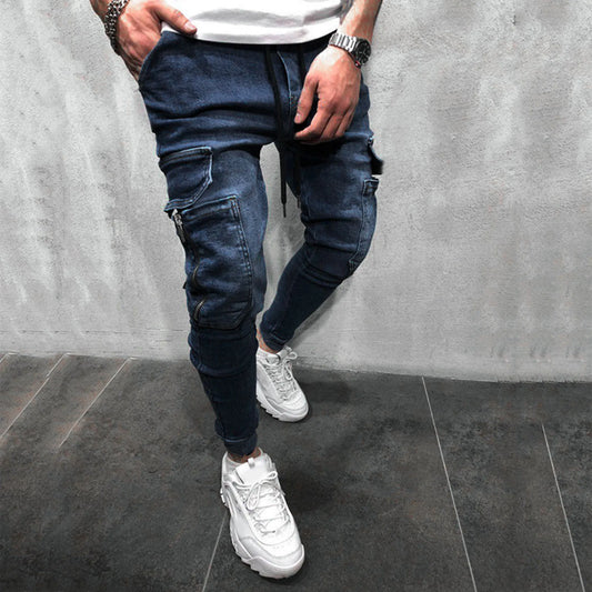 Summer Mens Fashion Pants Casual Pocket Waist Solid Color Slim Toe Jeans Pants With Drawstring Jeans For Male CalçA Masculina