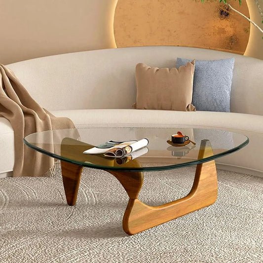 Coffee Tables  - Triangle Glass Coffee Table with Wooden Base Mid-Century Modern Abstract End Table for Study Room Office Hotel