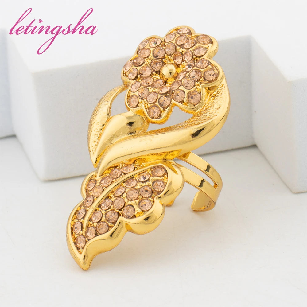 Jewelry Set for Women Dubai Zircon Pendant Clip Earrings Bangle Ring Set Italy Gold Color Bride Jewellery Wedding Party Gift