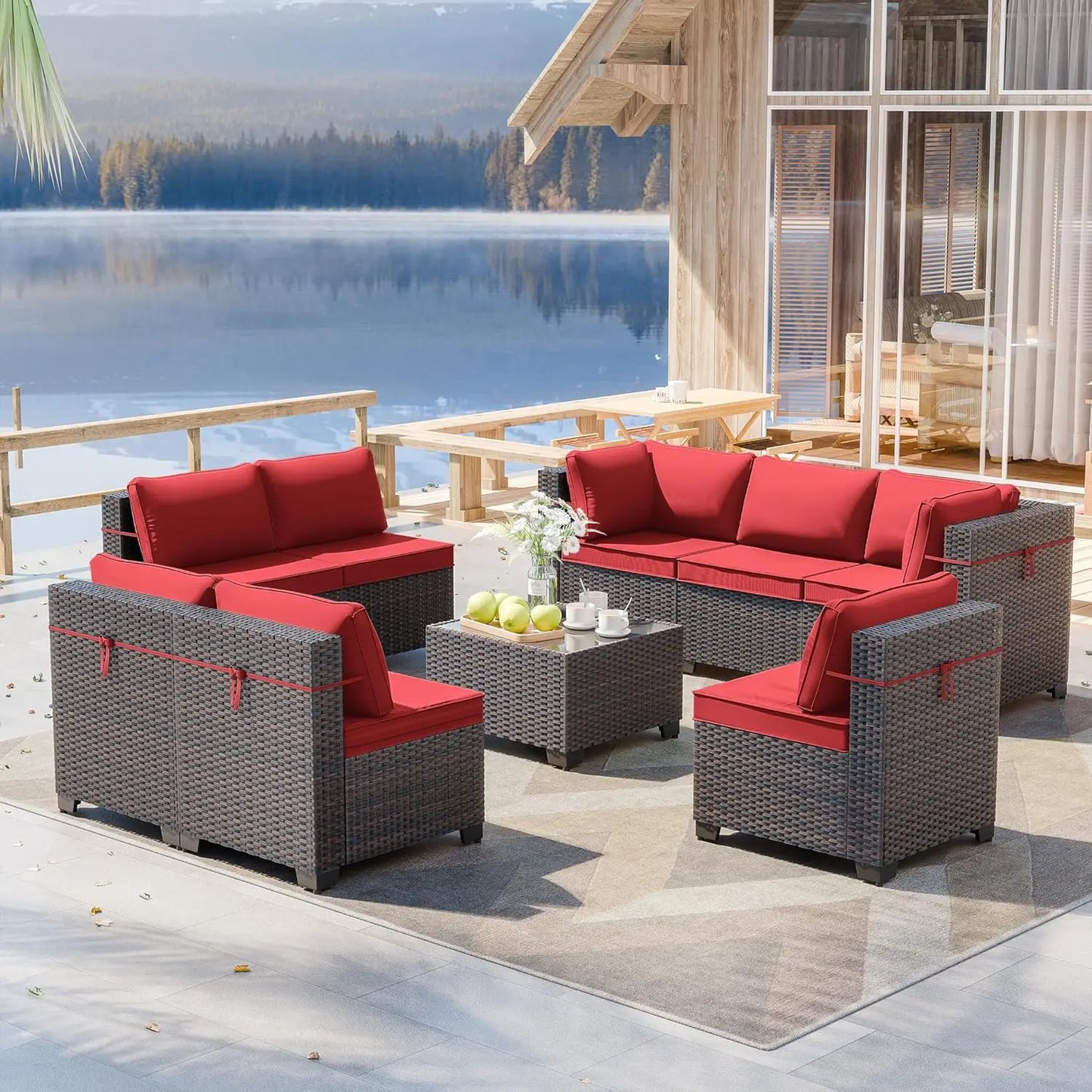 Patio Furniture Modularwith Swivel Chairs Outdoor Sectional Wicker Rattan w/Fire Pit Conversation Sofa Set for Backyard