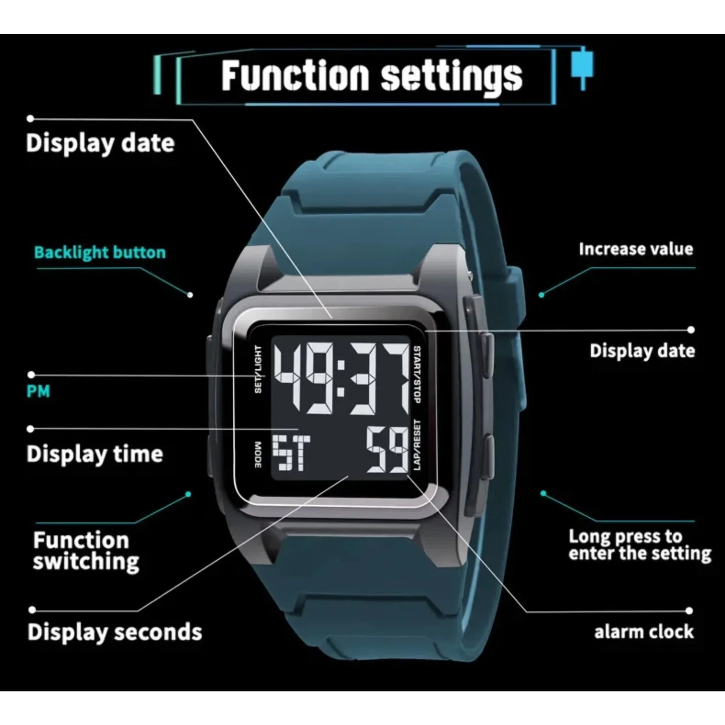 Men's Digital Watch 50M Waterproof Outdoor Sport Watch Date Multifunction Military Alarm Clock LED Wristwatch for Man Boy