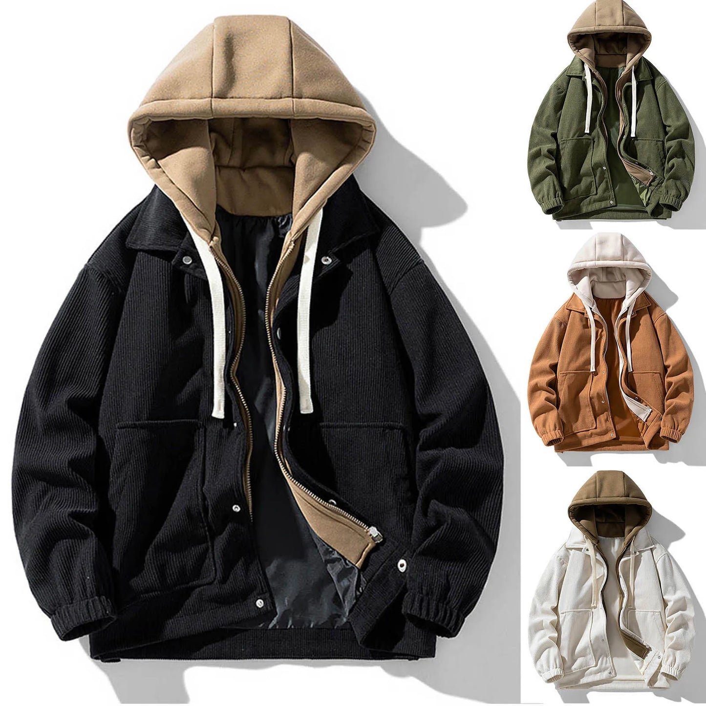 Hooded Corduroy Work Coat Male Fashion Casual Fales Two Piece Autumn And Winter Long Sleeved Outwear Outdoor Hiking Jacket Mens