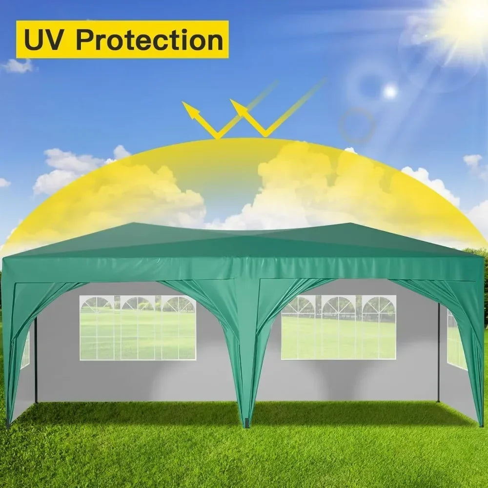 Awning 10x20 with Sidewalls, Sun-Resistant Heavy Duty 10x20 Pop Up Canopy with 6 Sand Bags, Green Foldable Event Tent