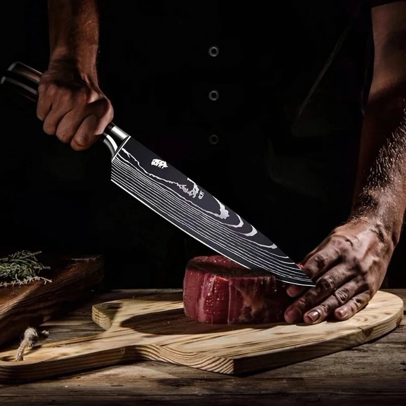 PLYS Kitchen Knife Set Damascus Pattern Laser Engraved Stainless Steel Sharp Japanese Chef's Knife