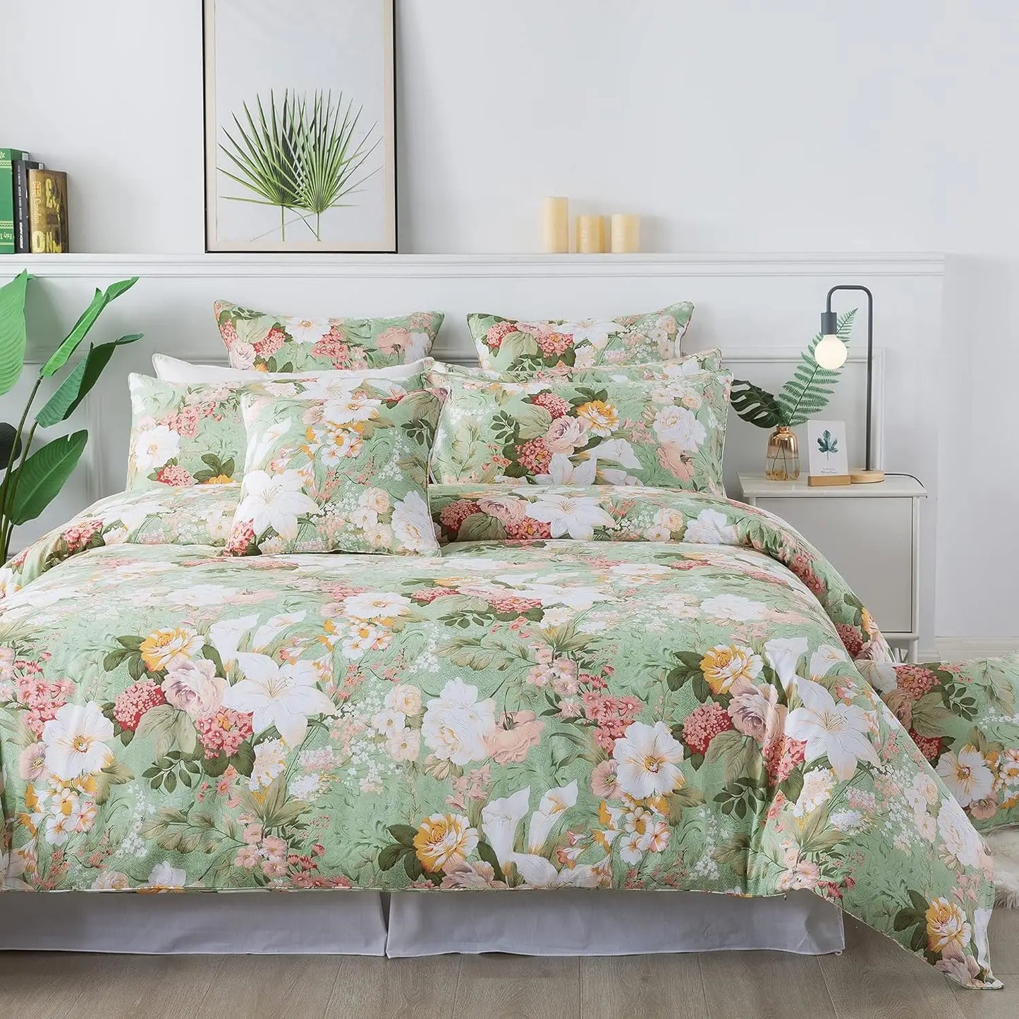 Floral Duvet Cover Queen 100% Cotton Blue Green Farmhouse Bedding Super Soft Reversible Striped Country Bed Purple Hydrangea