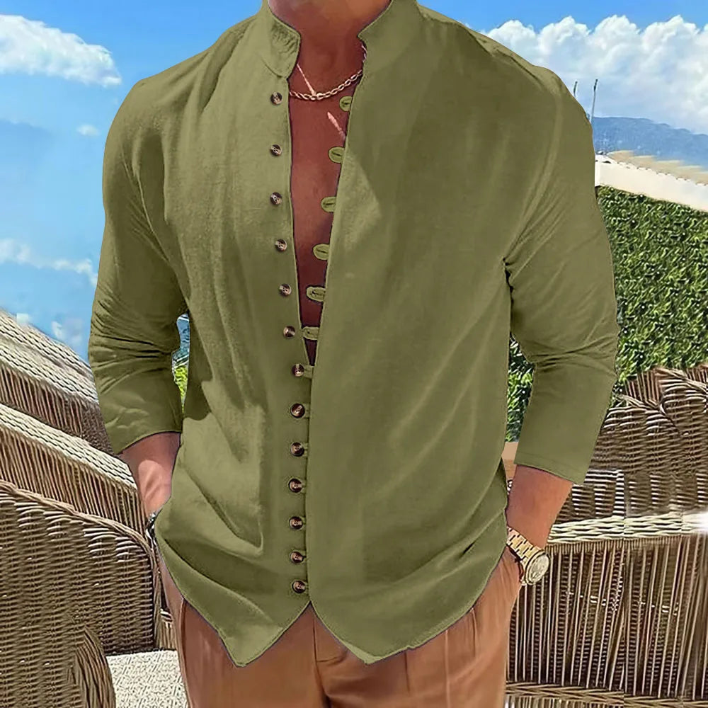 Spring and autumn men's fashion retro cotton and linen casual shirt trend new multi-button solid color stand collar long sleeve