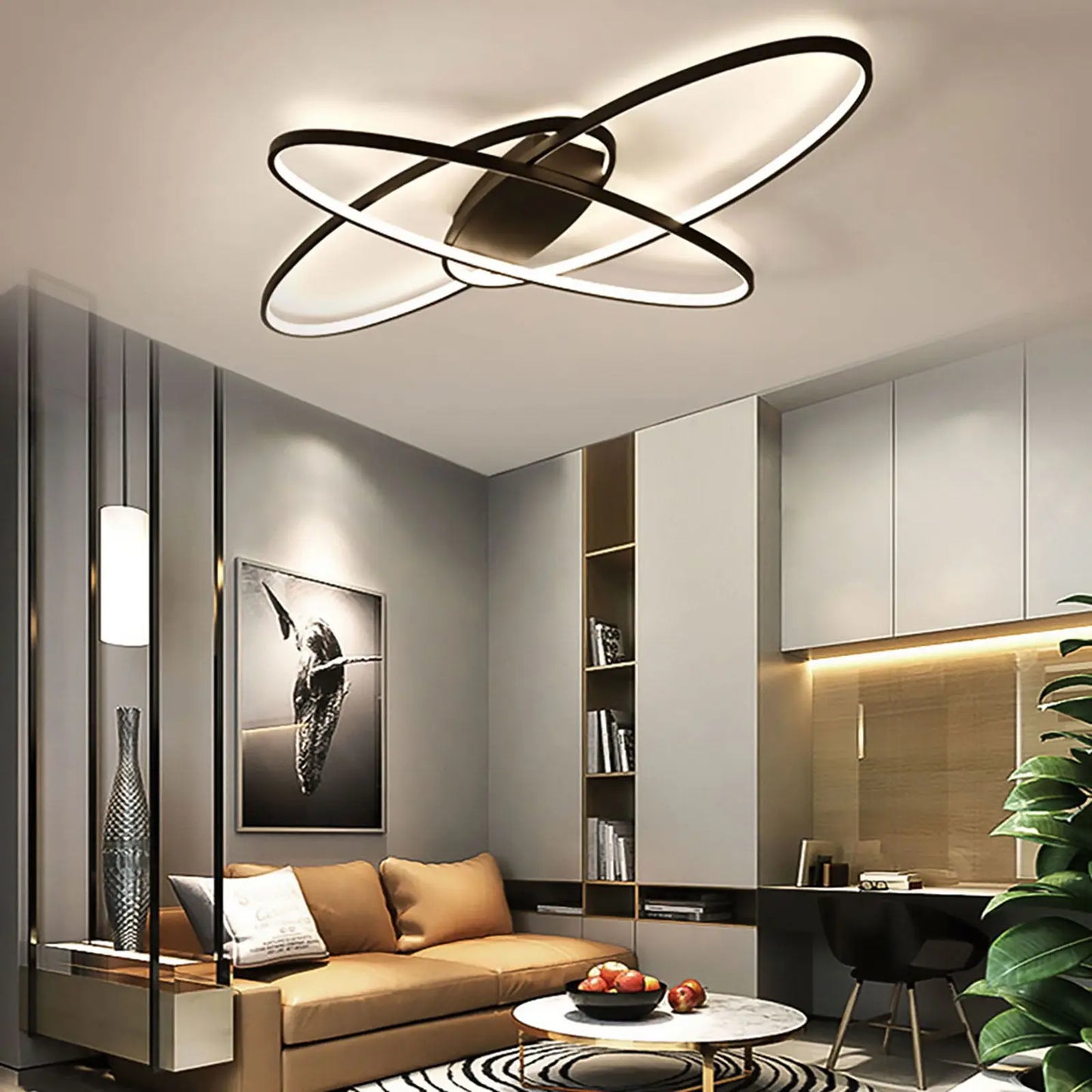 Modern Black/White 3 Staggered Long Ellipses LED Ceiling Light with Remote Control for Dining Room Bedroom