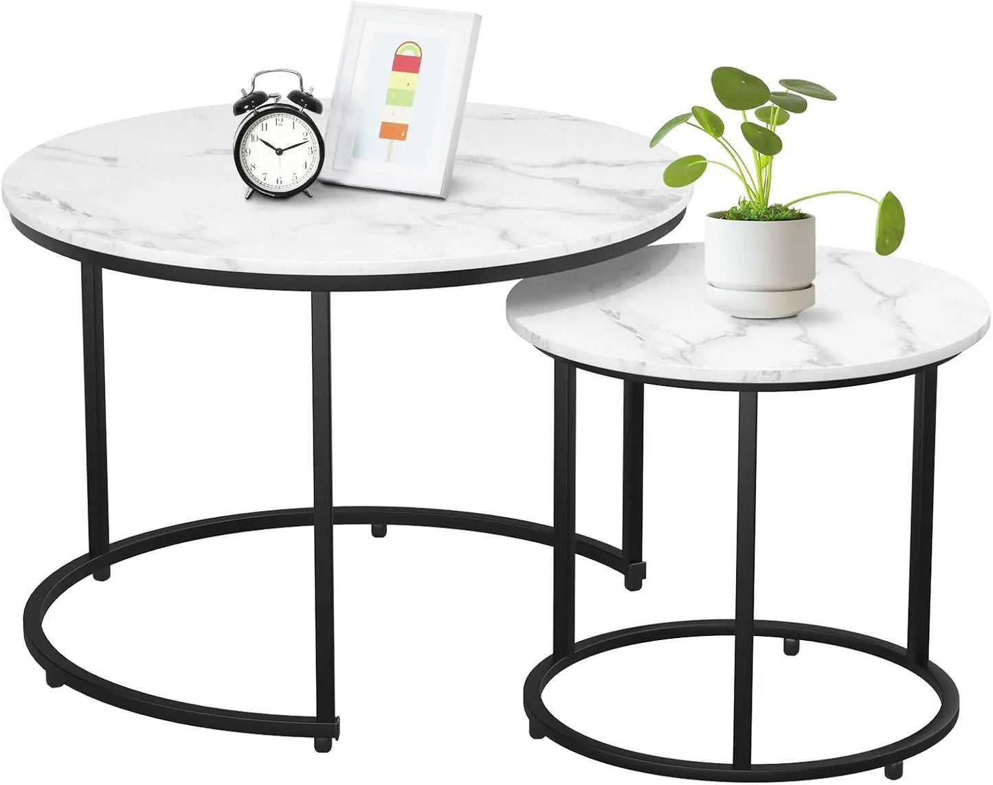 2-piece Nested Table Set, Living Room Circular Coffee Table with Golden Metal Frame, Marble Patterned Nested Table