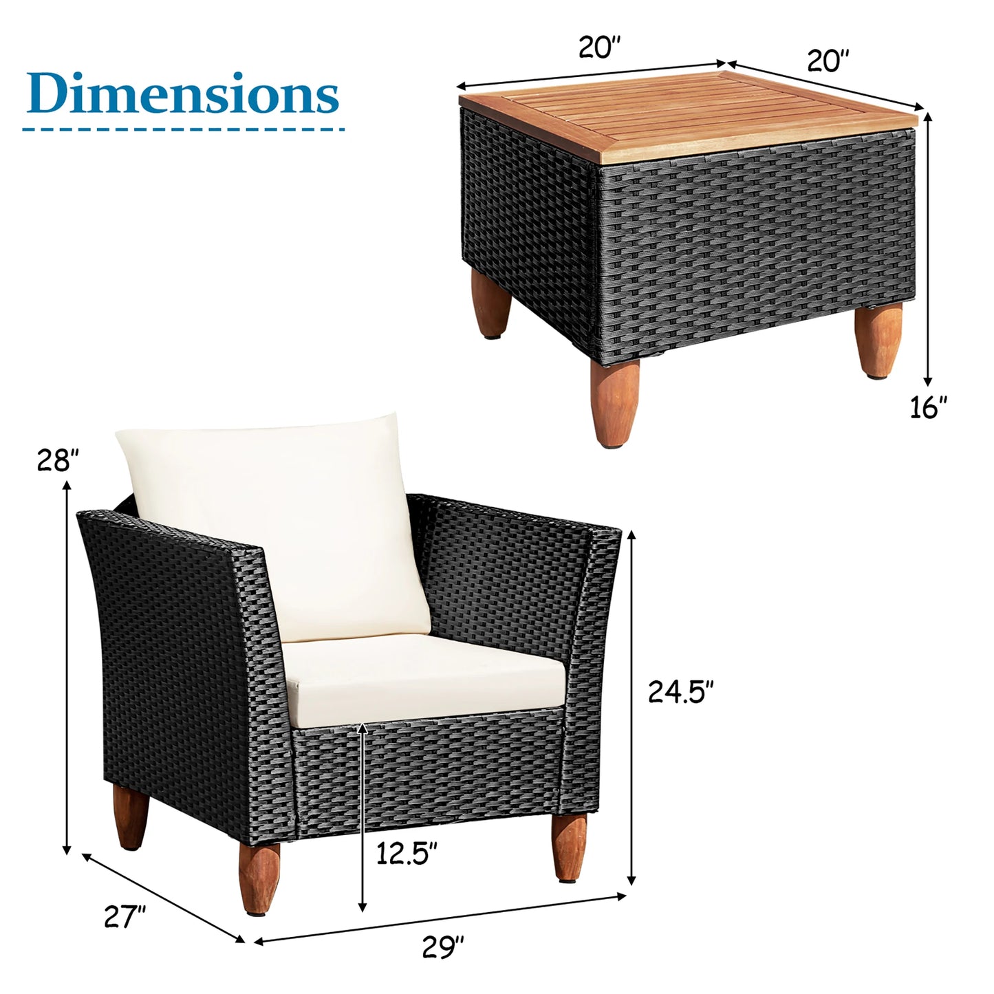 3PCS Outdoor Patio Rattan Furniture Set Wooden Table Top Cushioned Sofa Black