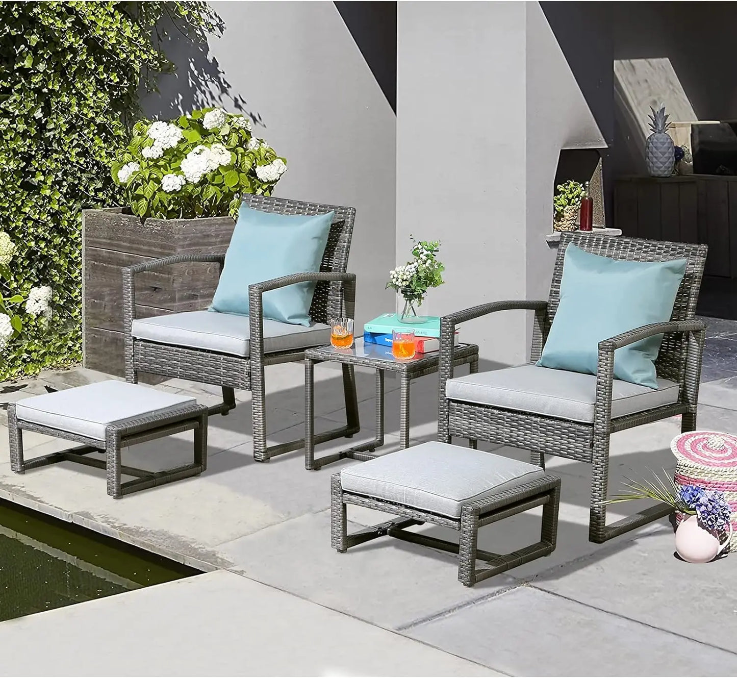 Patiorama 5 Piece Outdoor Patio Wicker Furniture Set, All Weather PE Rattan Chair and Ottoman Footstool Set, W/Coffee Table,