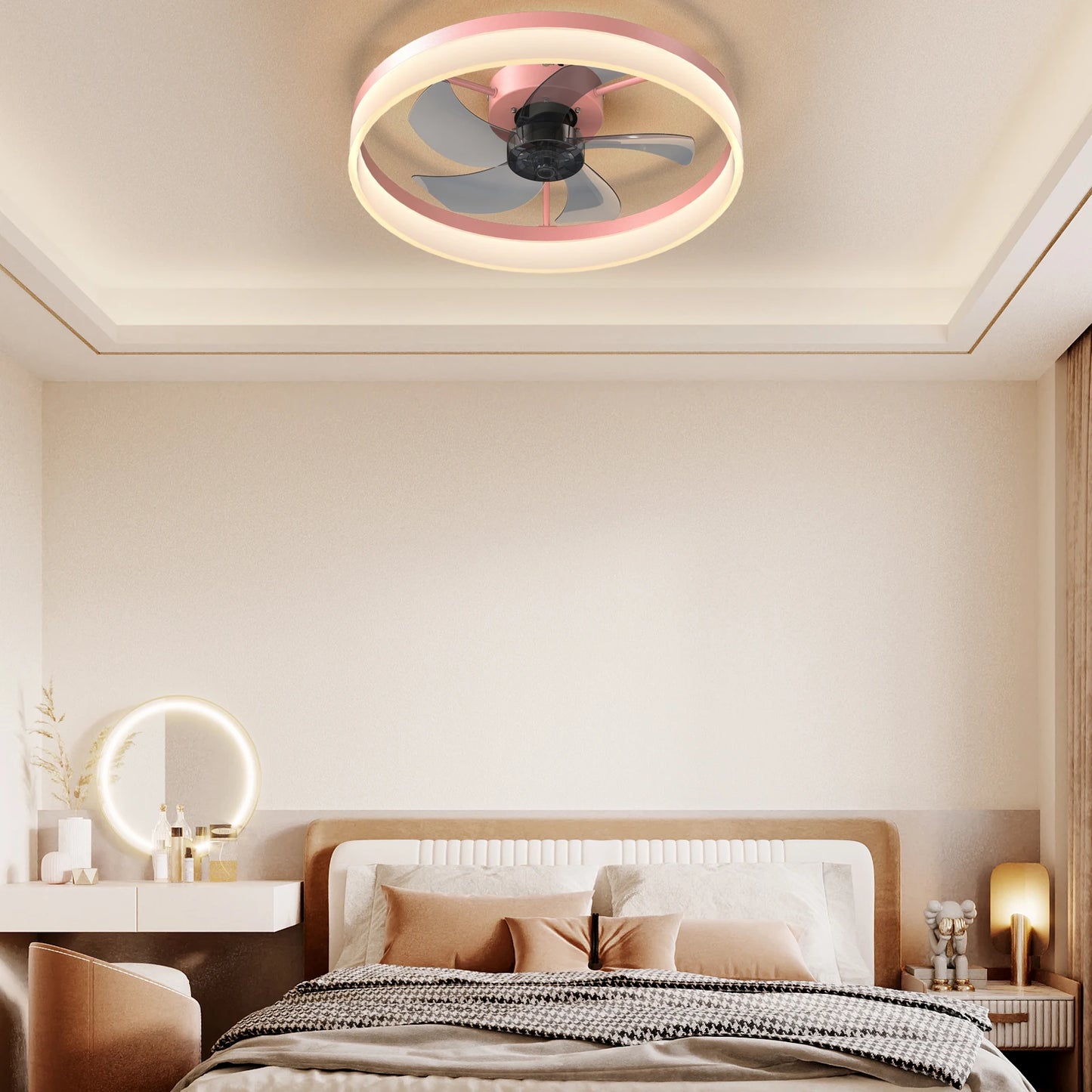 Modern Ceiling Fan with LED Light, Low-Profile Flush Mount,6-Speed Adjustable, Ideal for Bedroom and Living Room （Pink）