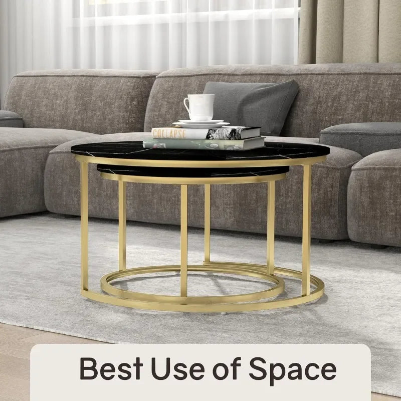 Nesting Tables Set of 2, 31.5" Round Coffee Table, Small Nesting Coffee Table with Adjustable Non-Slip Fee, Black Marble Top