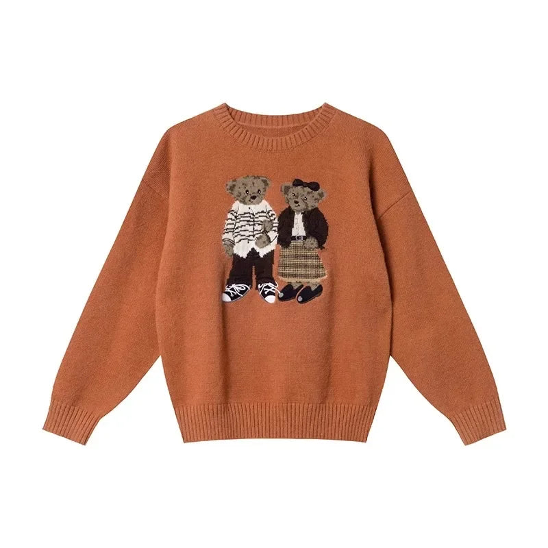High Quality Embroidery POLO Neck Sweaters Korean Sweet Cute Bear Cartoon Jumper Pullover Winter Fashion Women Loose Casual Tops
