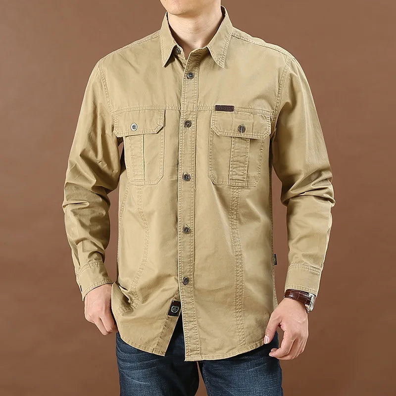 2023 Spring Autumn Denim Men Shirts Long Sleeve 100% Cotton  Outdoor Sports Army Military Casual Shirts Hiking Camping Clothing