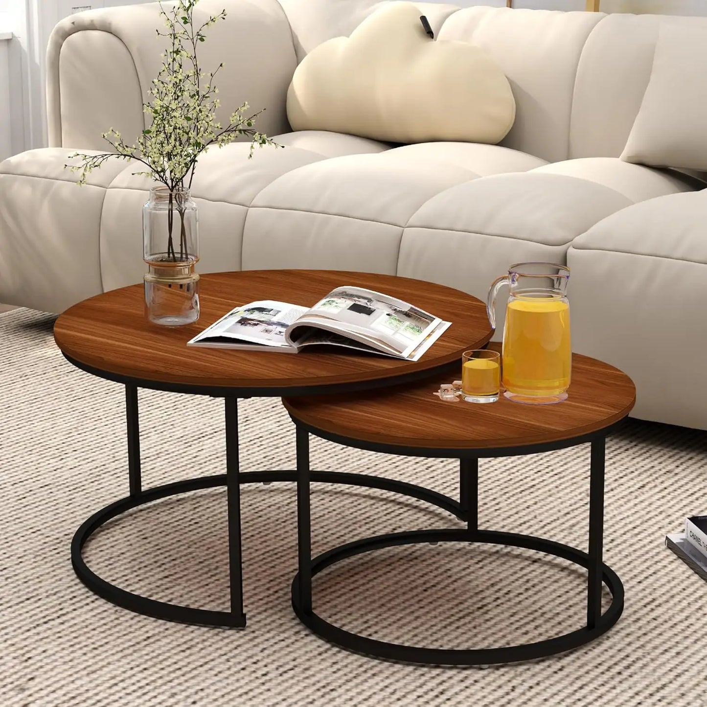 Nesting Tables Set of 2, 31.5" Round Coffee Table, Small Nesting Coffee Table with Adjustable Non-Slip Fee, Black Marble Top