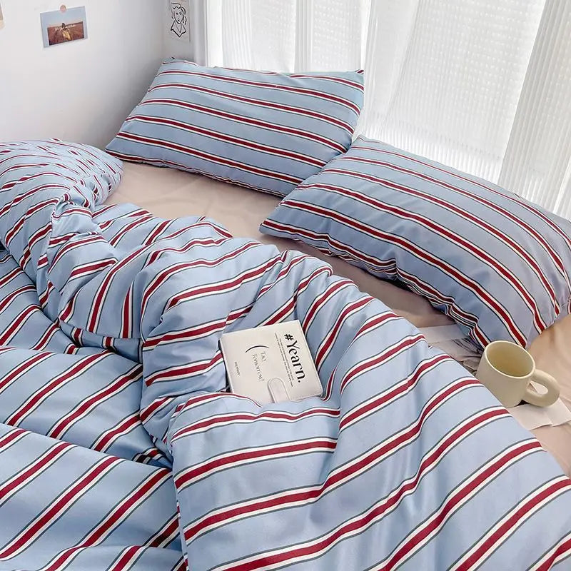 Simple Style Red And Blue Strip Duvet Cover Set Bed Sheet Set Washed Cotton Bedding Set