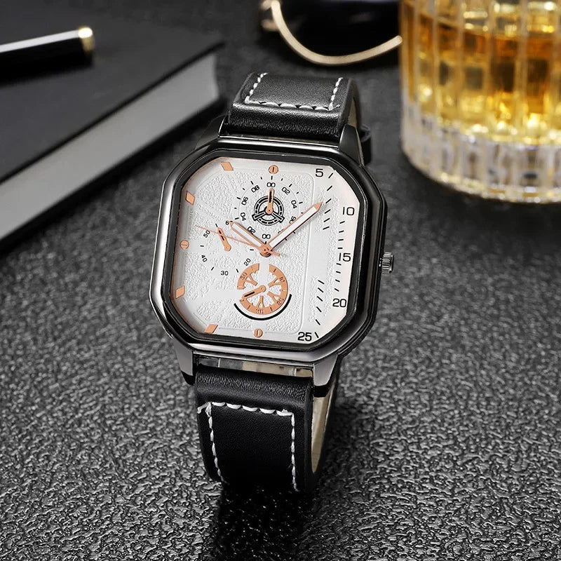 Men Quartz Watches Alloy Dial Business Men Watch PU Leather Strap Square Sports Watch Cool Black Wristwatch for Man Reloj Hombre