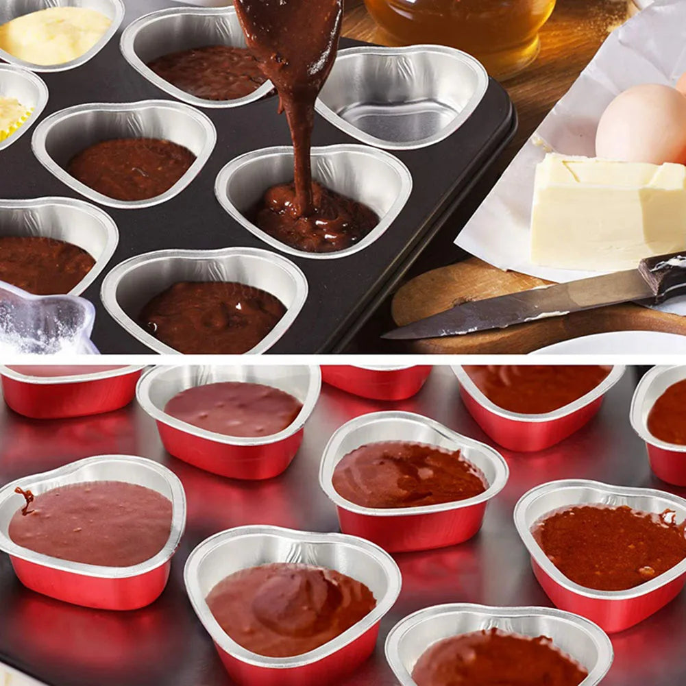 50 Pcs 100ml Tin Foil Cake Cup With Lid Heart-shaped Aluminum Foil Pudding Mousse Disposable Baking Tray Heat Resistant Mould