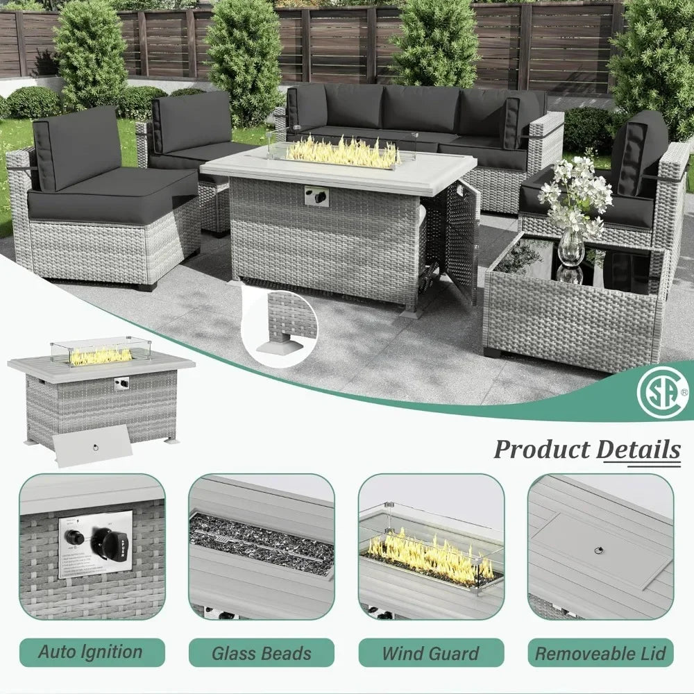 8-Piece Patio Furniture Set With Fire Pit Table, Seat Cushions Light Grey Outdoor Modular Wicker Conversation Set