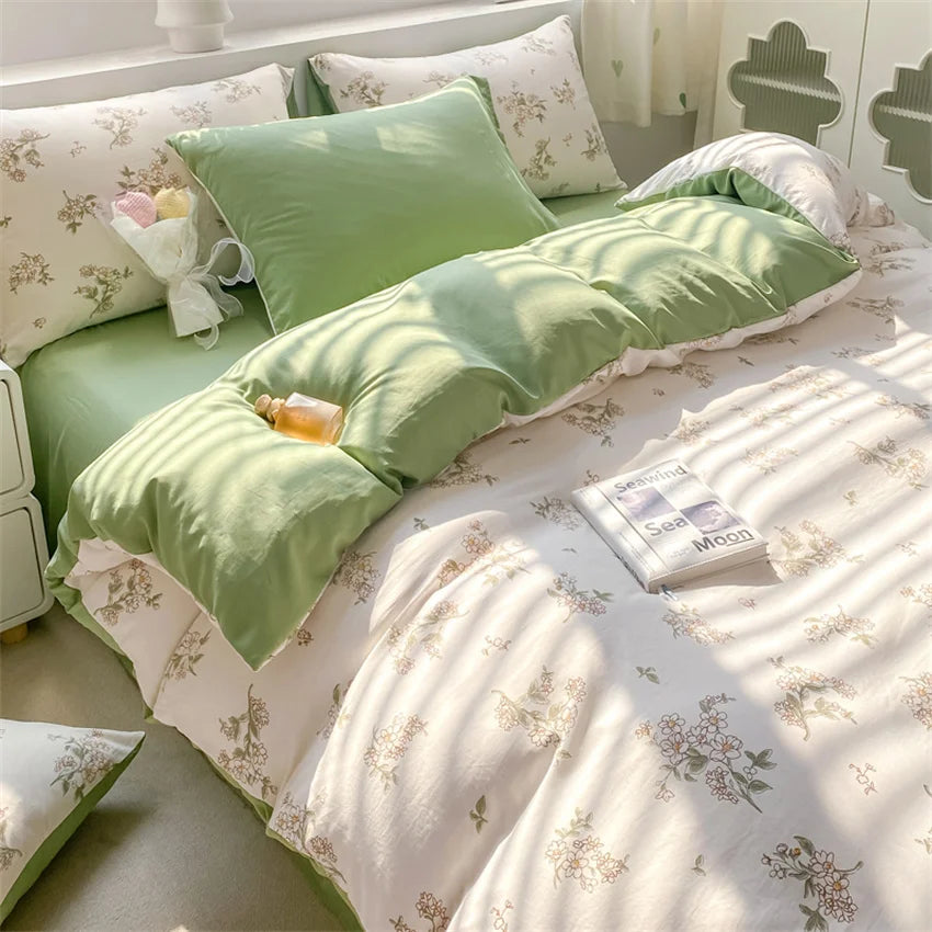 Korean Retro Floral Bedding Set 100% Washed Cotton Bed Sheets Set Soft Duvet Cover Bed Linen Pillowcase Single Double Queen King