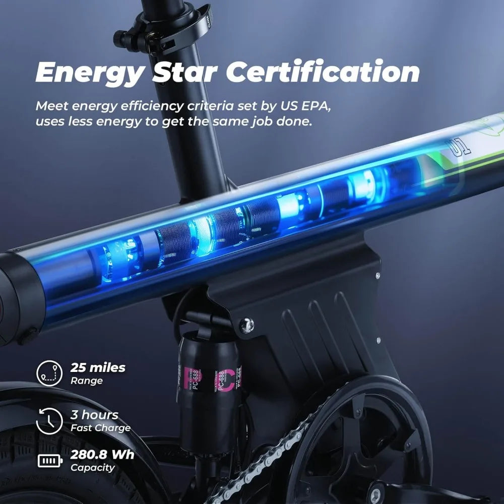 Electric Bike 500W Motor, 20 Mph Folding Ebike, 14" Adults Electric Bicycles with Uphill, 280.8Wh Battery, 25 Miles PAS Range