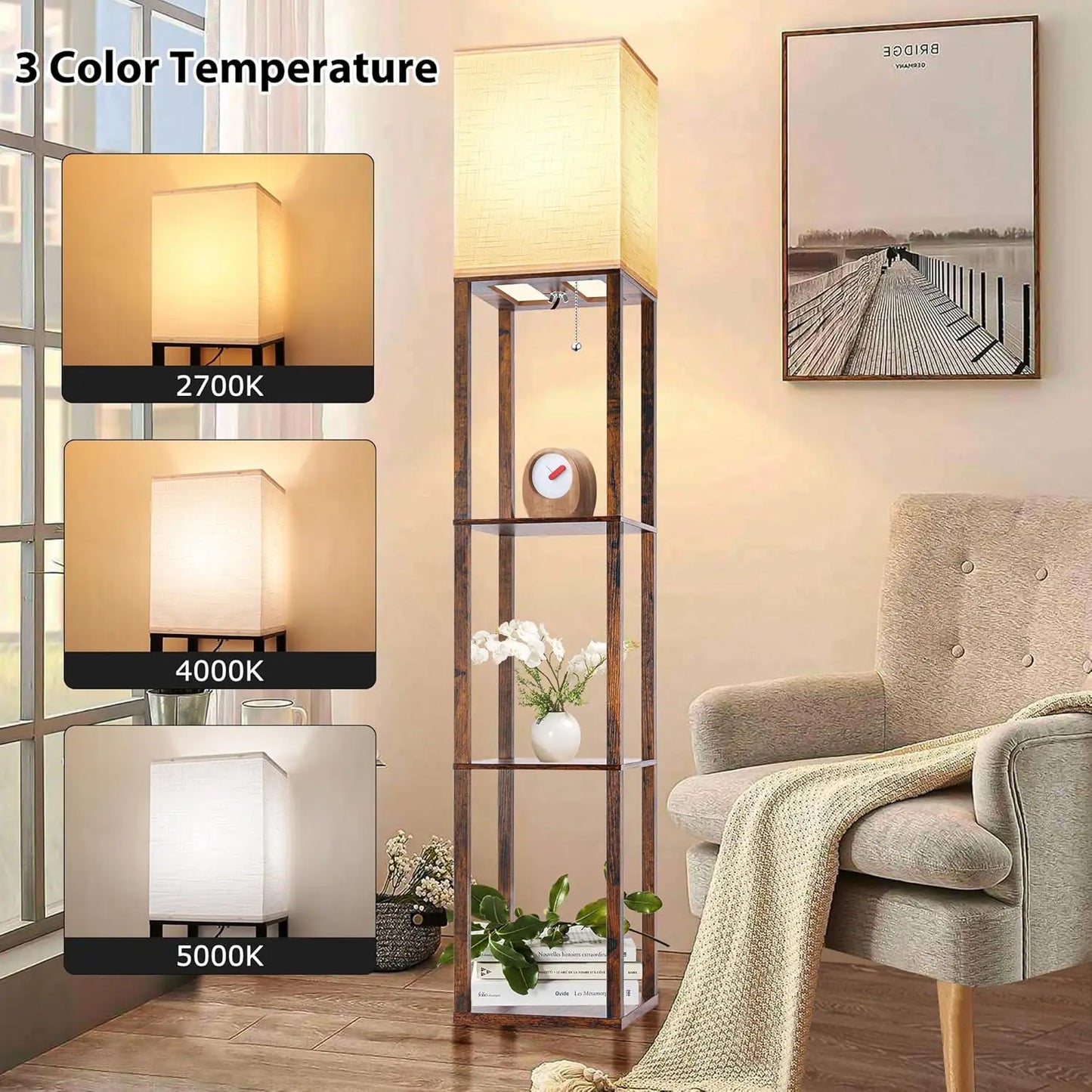 Floor Lamp with Shelves for Living Room Brown, Shelf Floor Lamp with 3 CCT LED Bulb
