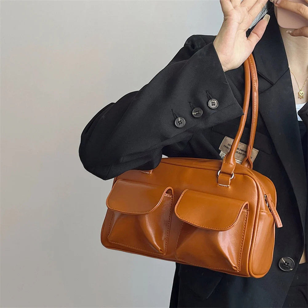 Retro Women's Satchel Hobo Bag PU Leather Shopping Bag Fashion Solid Designer Armpit Bag Casual Double Pocket Hand Underarm Bag