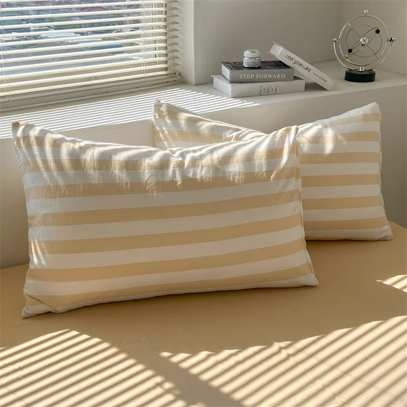 Washed Cotton Double Yarn Crepe Striped Quilt Set 3-4 Pillowcase with Sheet Bedding Cover Supplies 200x230 220x240 Skin Friendly